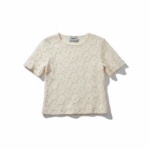 Basil Vintage Cream Floral‎ Lace Short Sleeve Crew Neck Blouse, Women Small Top